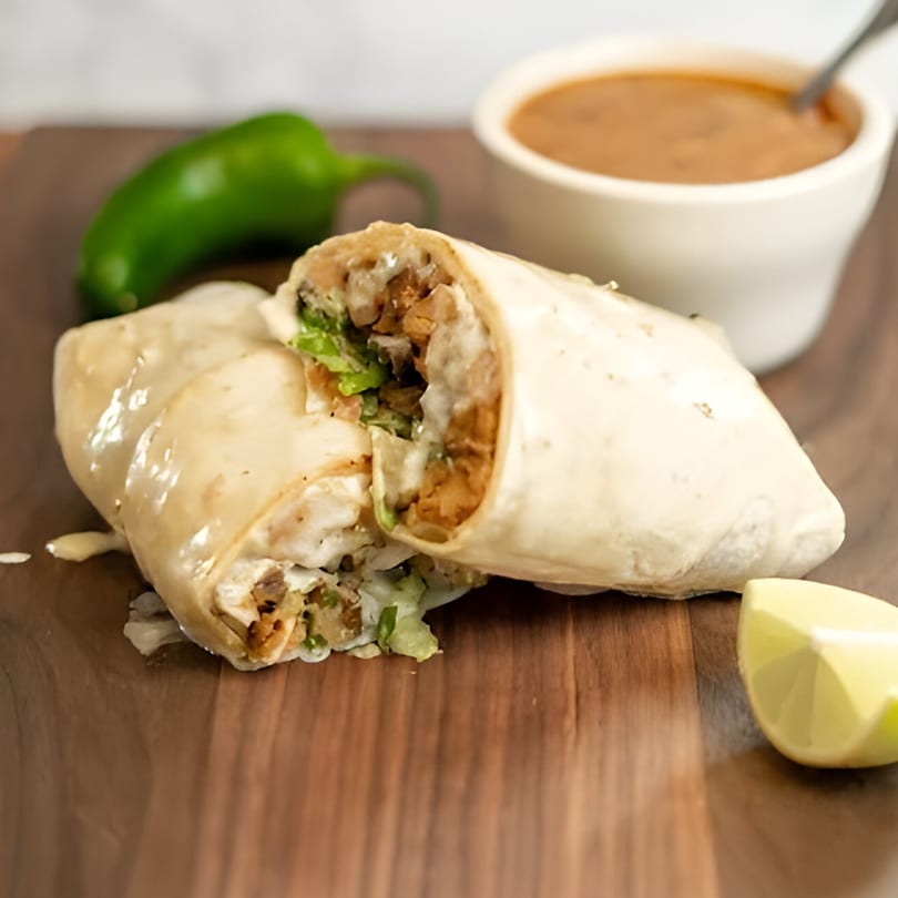 Two El Paso burritos with sauce, a jalapeño, and lime wedge on a wooden board.