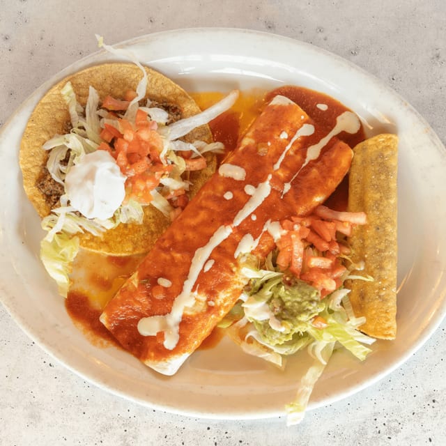 L. One Burrito, One Flauta & One Beef Tostada.