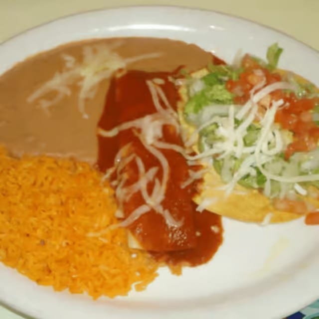 One Guacamole Tostada & One Beef Enchilada.